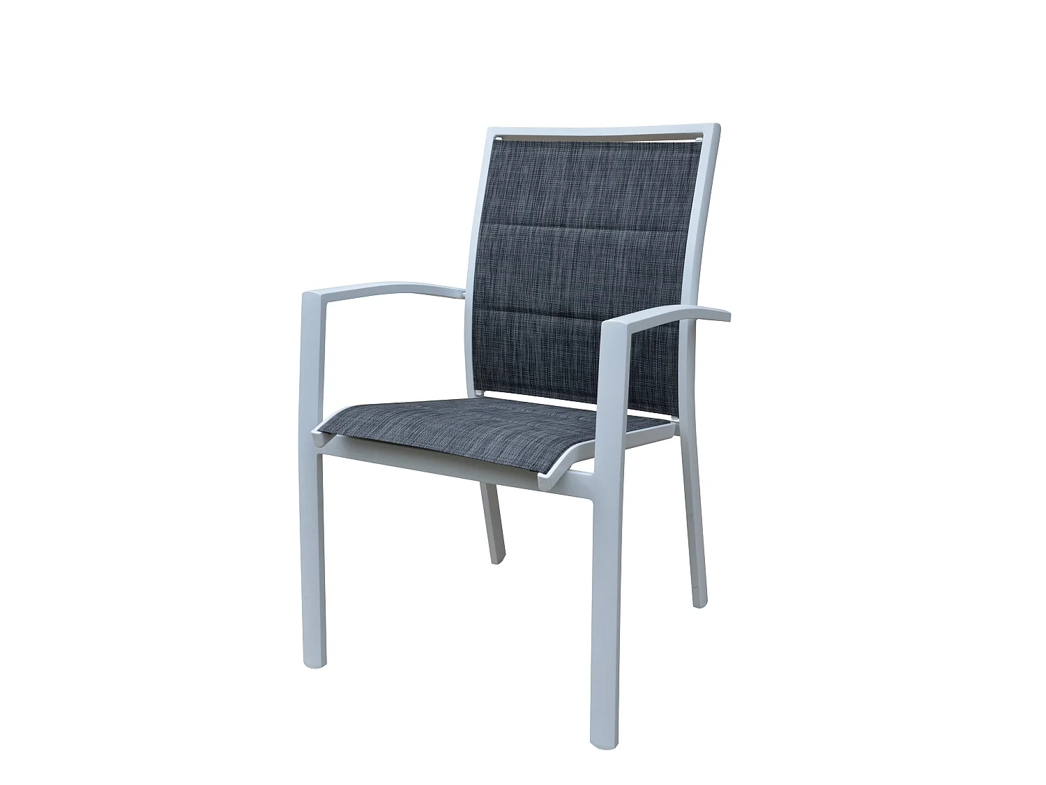 Ensemble MODULO 4/8p en aluminium blanc et verre trempé gris perle avec 4 fauteuils en textilène