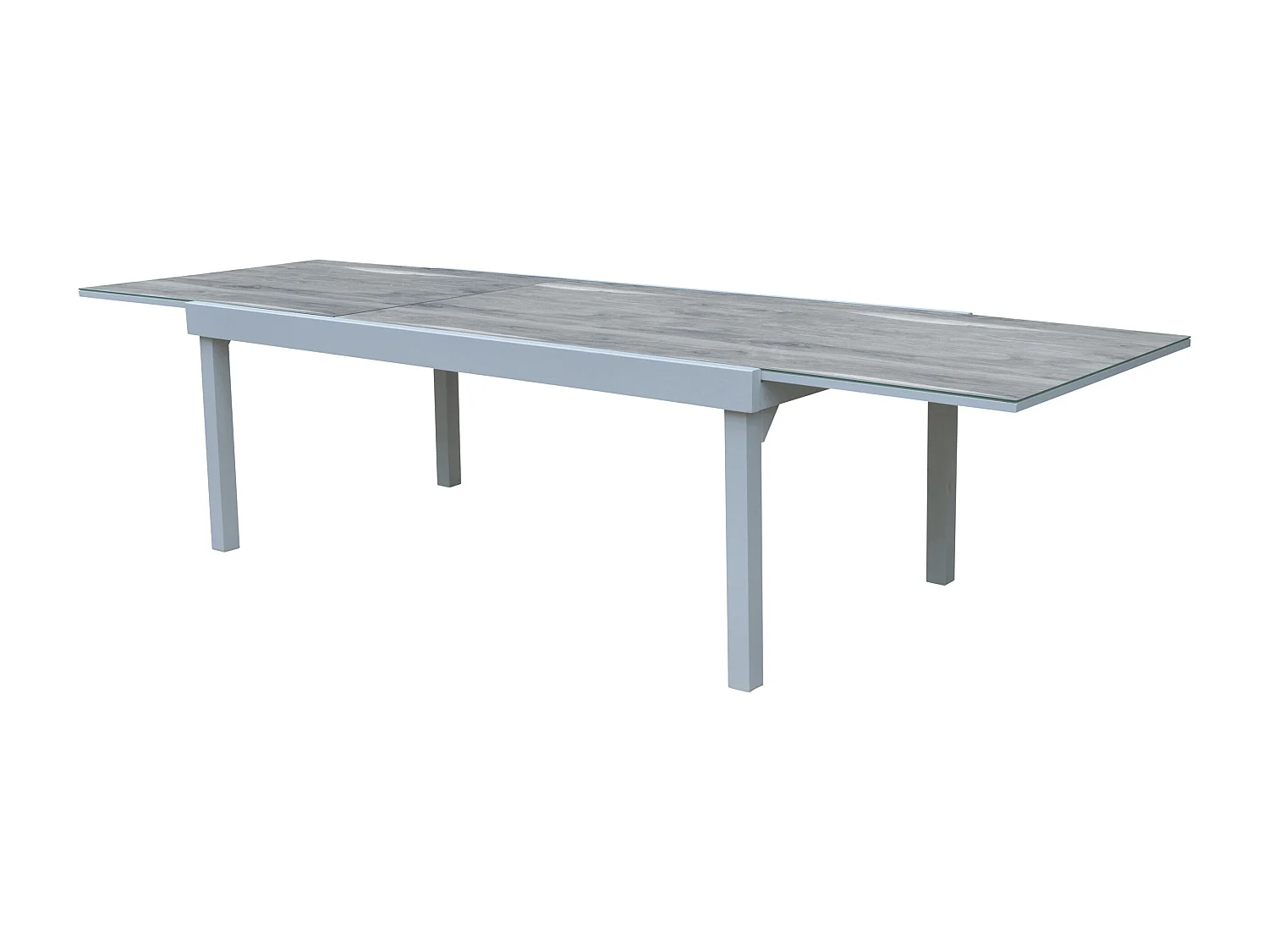 Ensemble MODULO 8/12p en aluminium blanc et verre décors bois avec 8 fauteuils en textilène