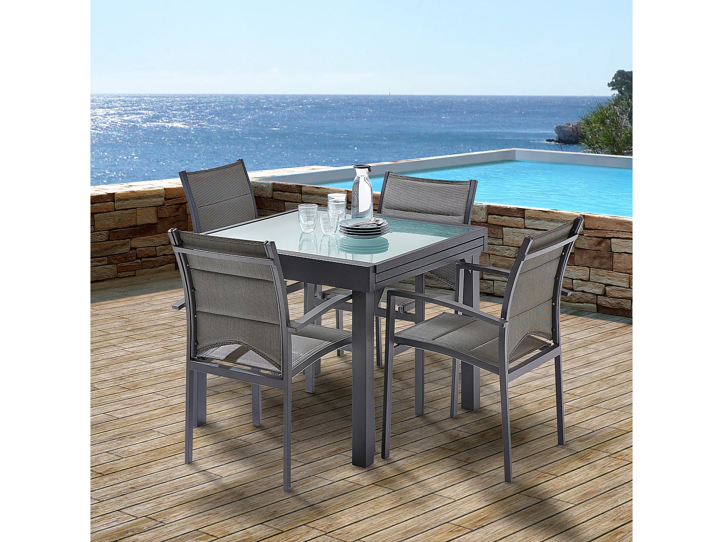 Ensemble MODULO 4/8p en aluminium gris et verre modulable et 4 fauteuils aluminium et assise en textilène