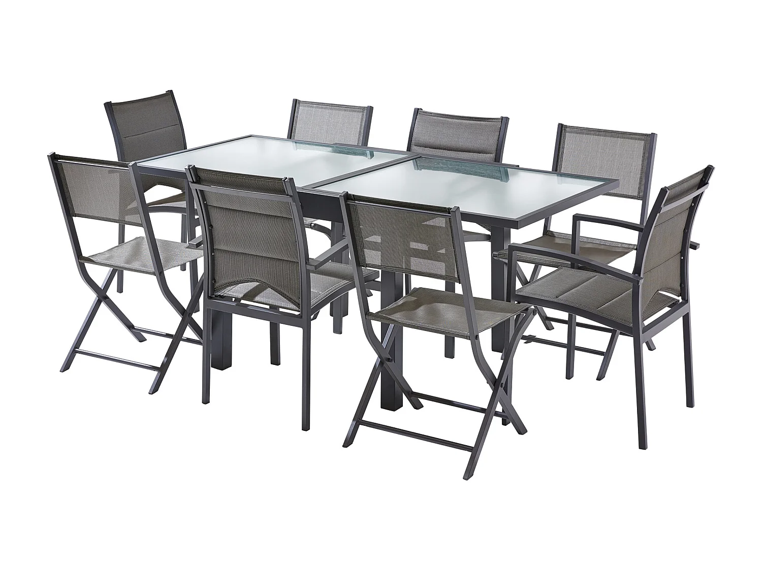 Ensemble MODULO 4/8p en aluminium gris et verre modulable et 4 fauteuils aluminium et assise en textilène