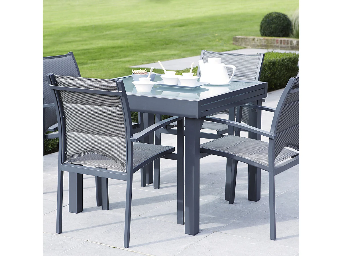 Ensemble MODULO 4/8p en aluminium gris et verre modulable et 4 fauteuils aluminium et assise en textilène