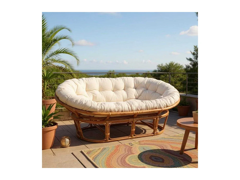 Canapé Papasan 2 places en rotin avec coussin