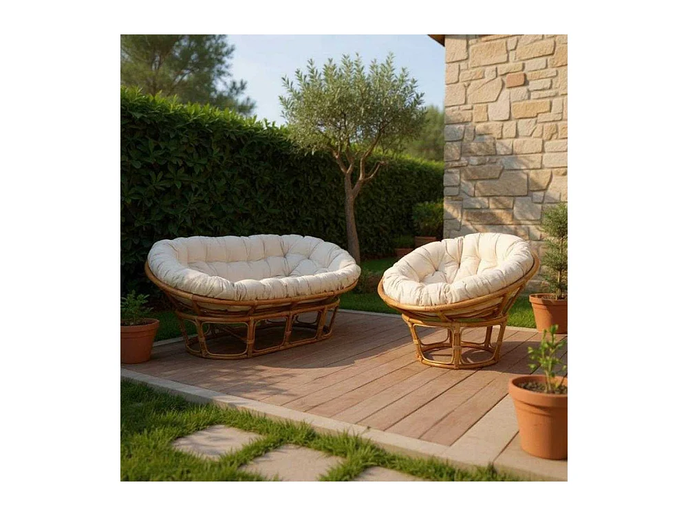 Canapé Papasan 2 places en rotin avec coussin