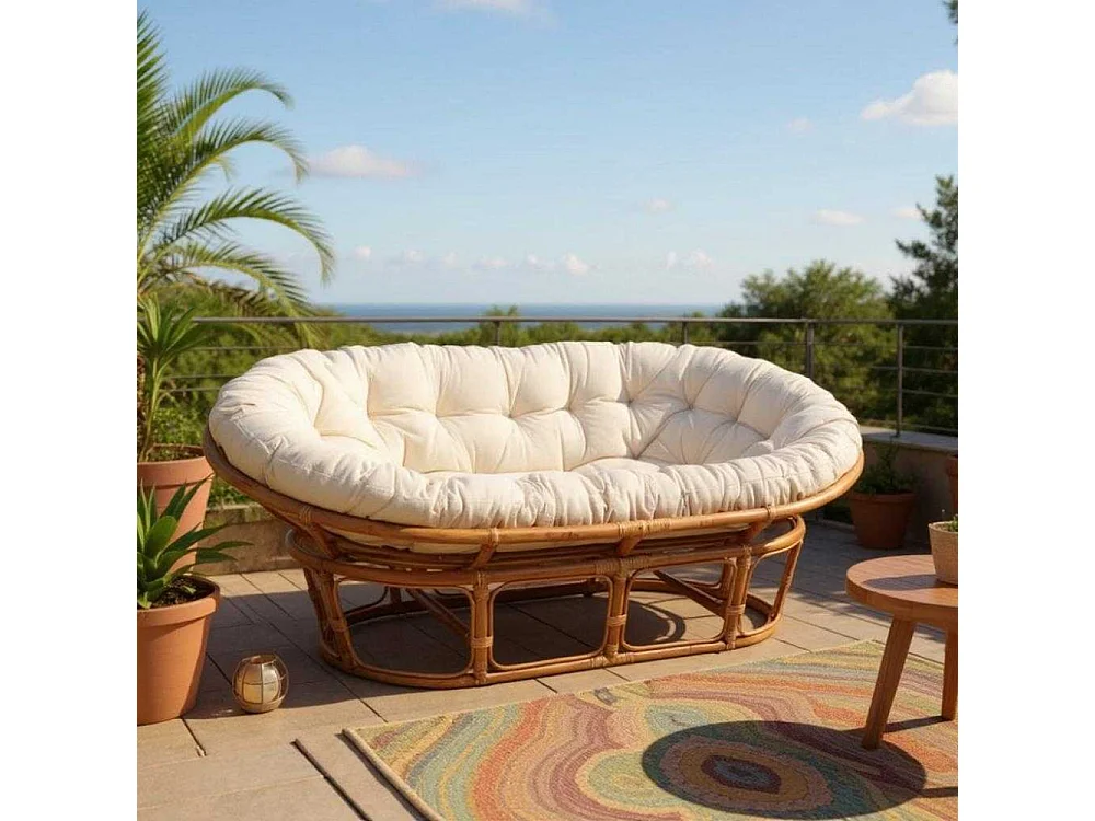 Canapé Mamasan 2 places en rotin avec coussin