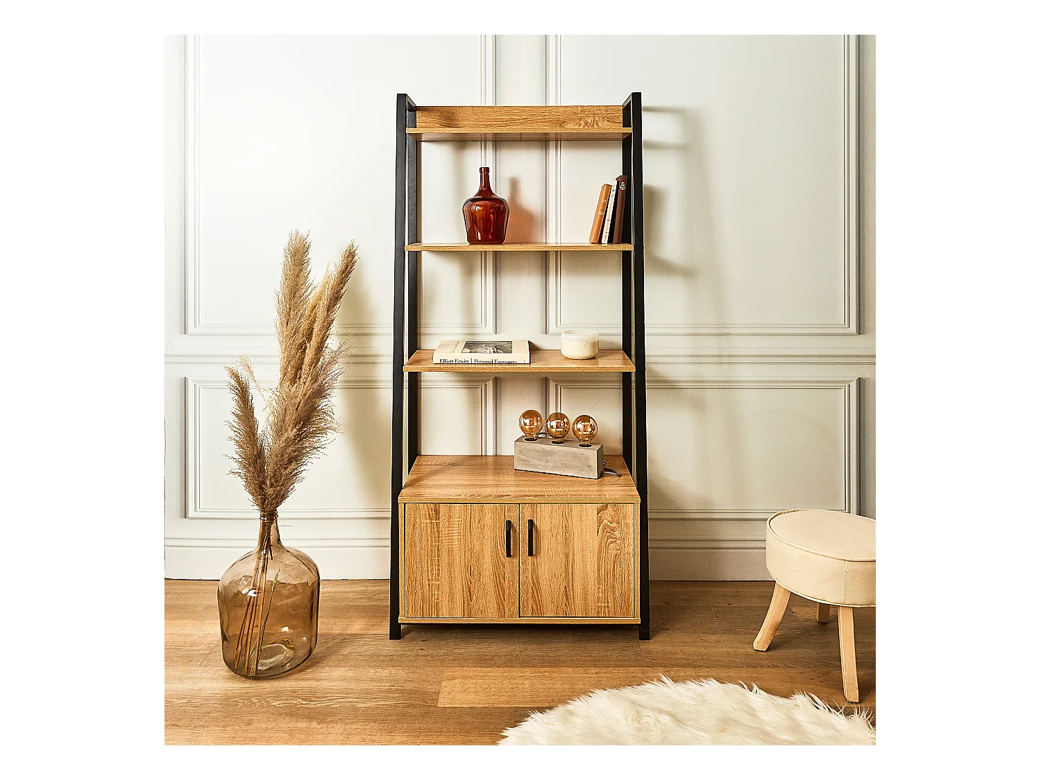 Buffet Bibliotheque Bois Et Metal Marron, Noir