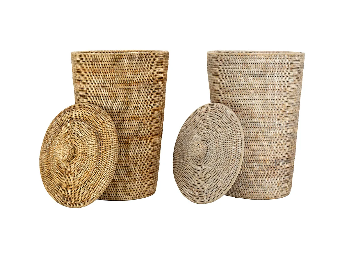 Panier à linge en rotin patiné blanc