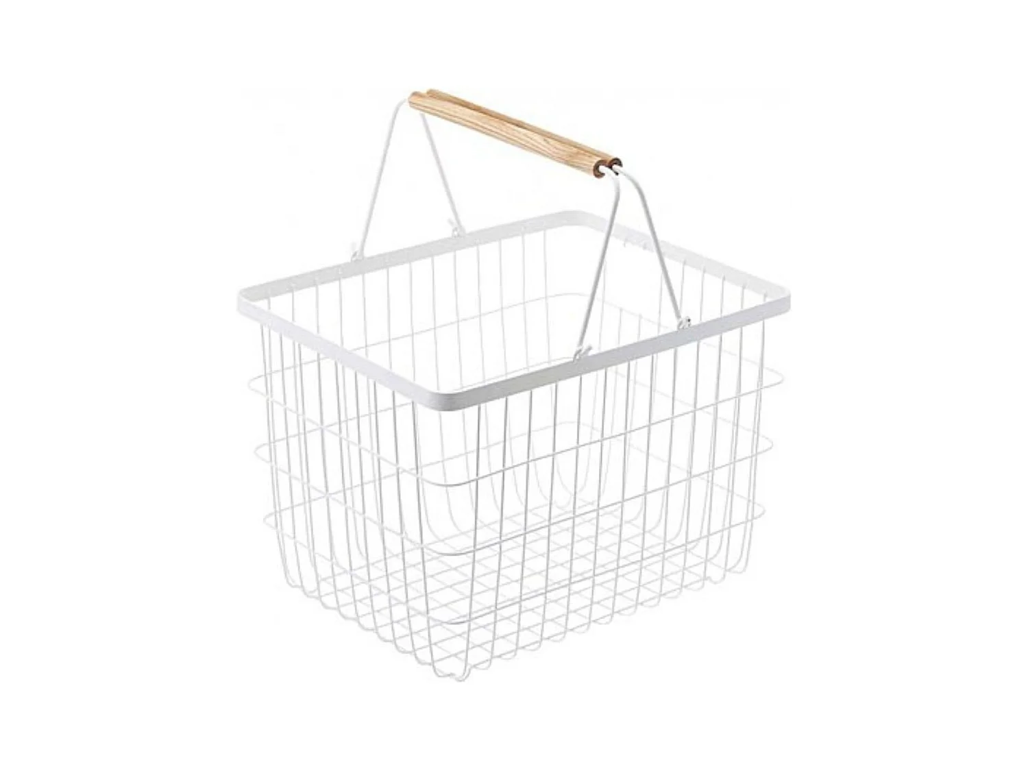 Wasmand wit metaal met houten handvatten H38.5cm