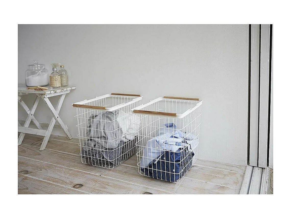 Panier à linge métal blanc avec anses en bois H38.5cm