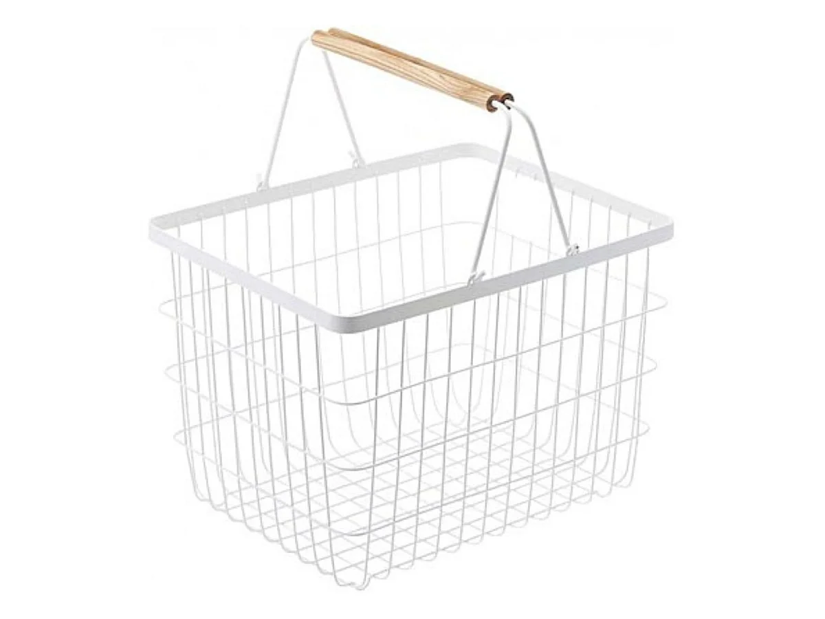 Biały metalowy kosz na pranie z drewnianymi uchwytami H38.5cm