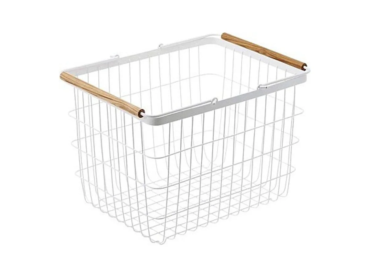 Biały metalowy kosz na pranie z drewnianymi uchwytami H38.5cm