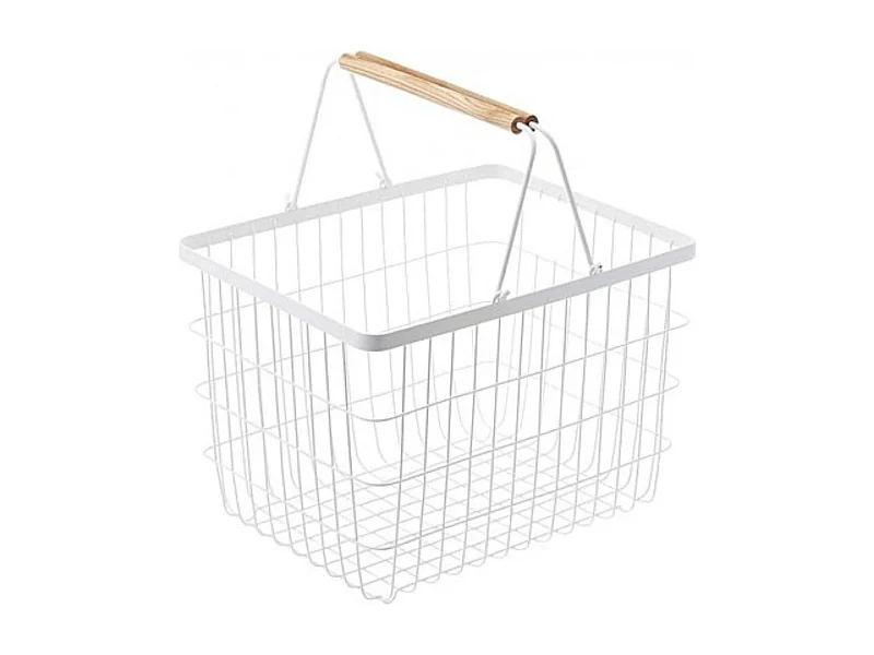 Wasmand wit metaal met houten handvatten H38.5cm