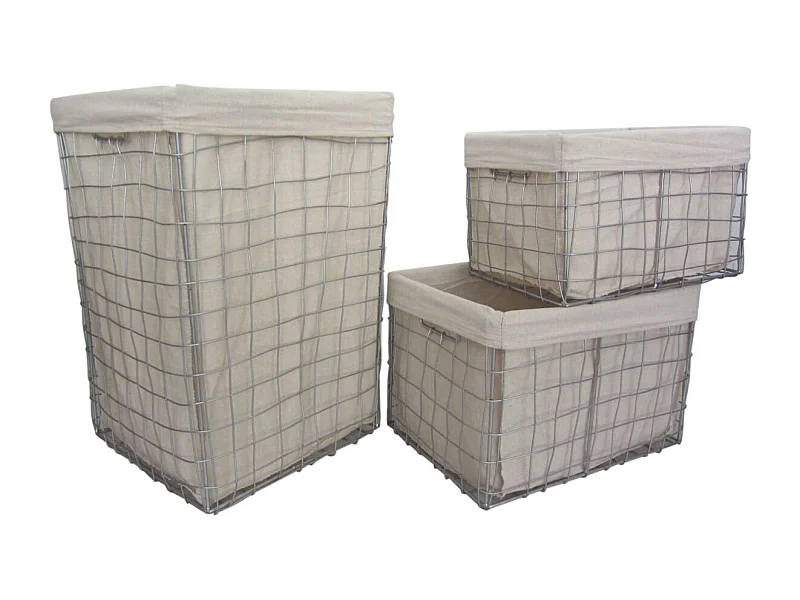 Panier à linge et corbeilles en métal argenté (Lot de 3)