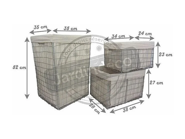 Panier à linge et corbeilles en métal argenté (Lot de 3)