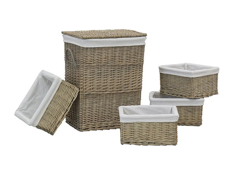 Panier à linge + 4 corbeilles en osier gris (Lot de 5)