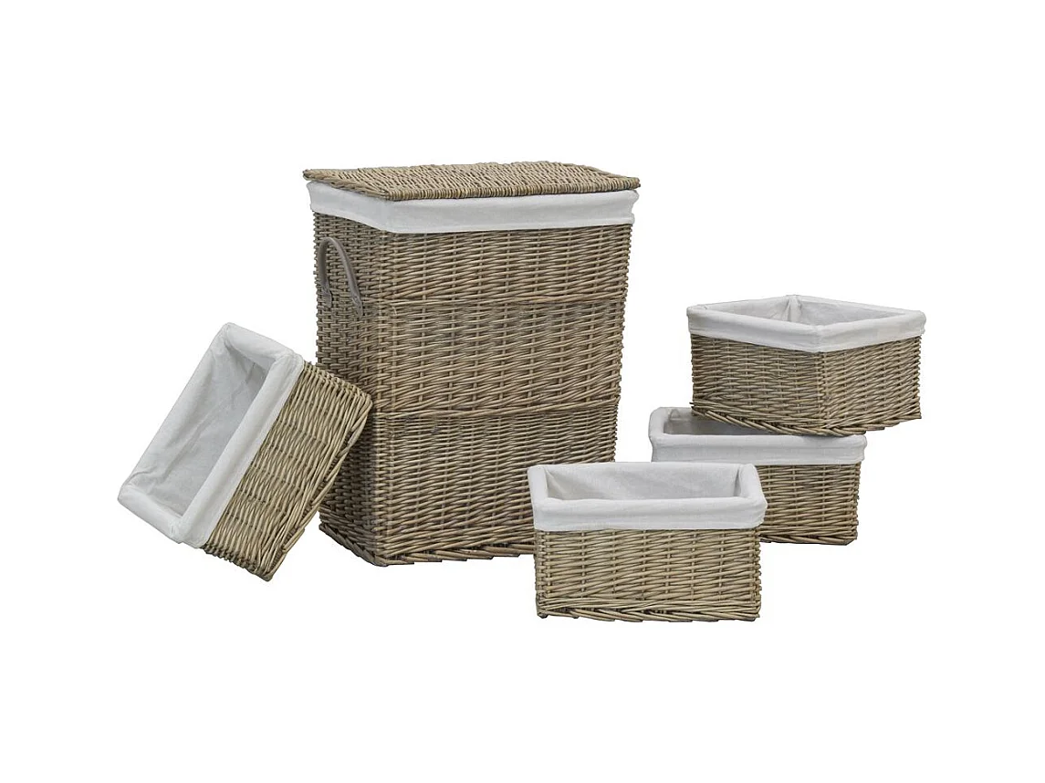 Panier à linge + 4 corbeilles en osier gris (Lot de 5)