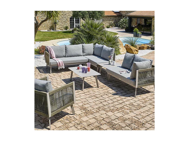 Salon de Jardin d'Angle 7 Places "Manosque" 143cm Gris
