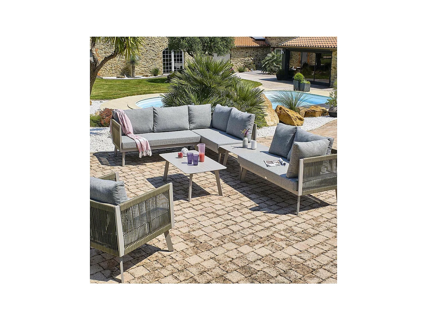 Salon de Jardin d'Angle 7 Places "Manosque" 143cm Gris