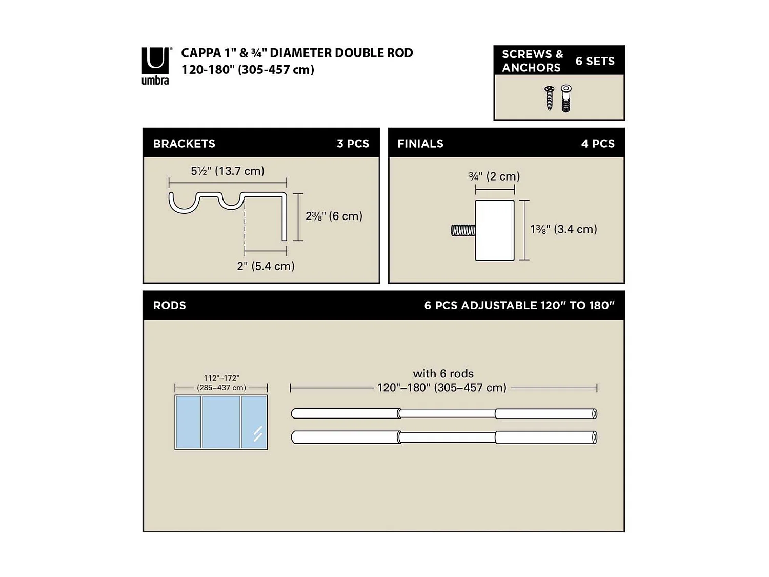 Tringle à rideaux nickel Cappa 305 à 457 cm Double