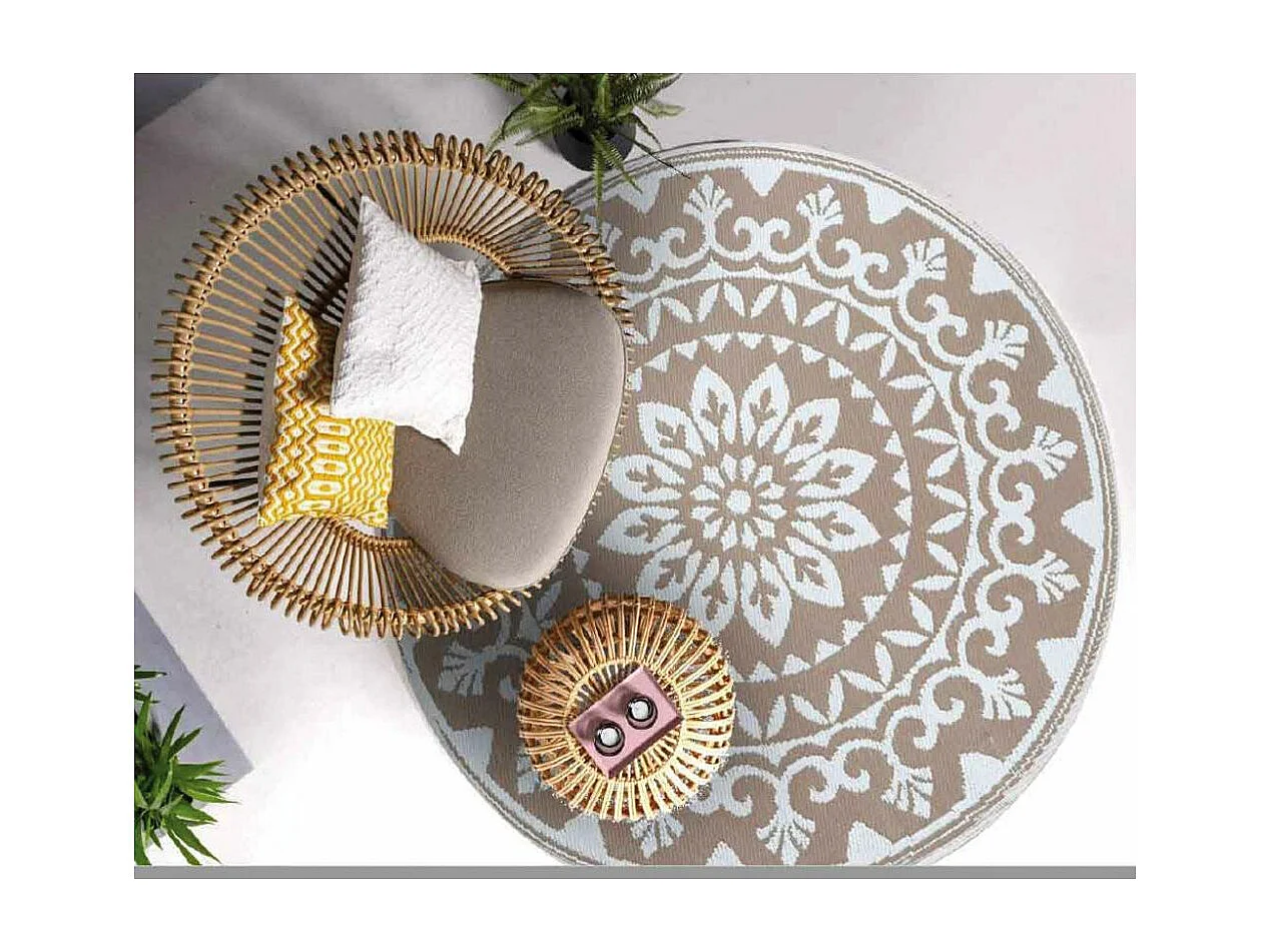 Tapis d'extérieur rond en polypropylène D150 cm Mandala - Beige