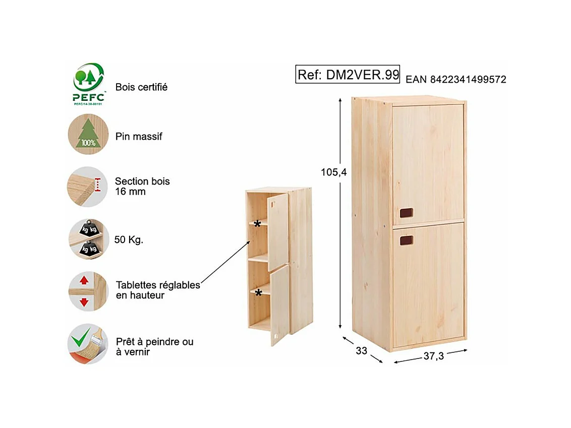 Armoire en pin brut 2 portes 4 tablettes Dinamic