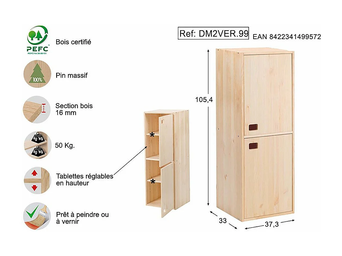 Armoire en pin brut 2 portes 4 tablettes Dinamic