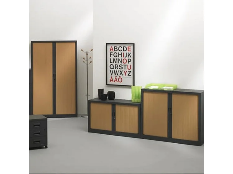 Armoire de bureau à rideaux anthracite 2 portes coulissantes hêtre Klass L90xH180xP43