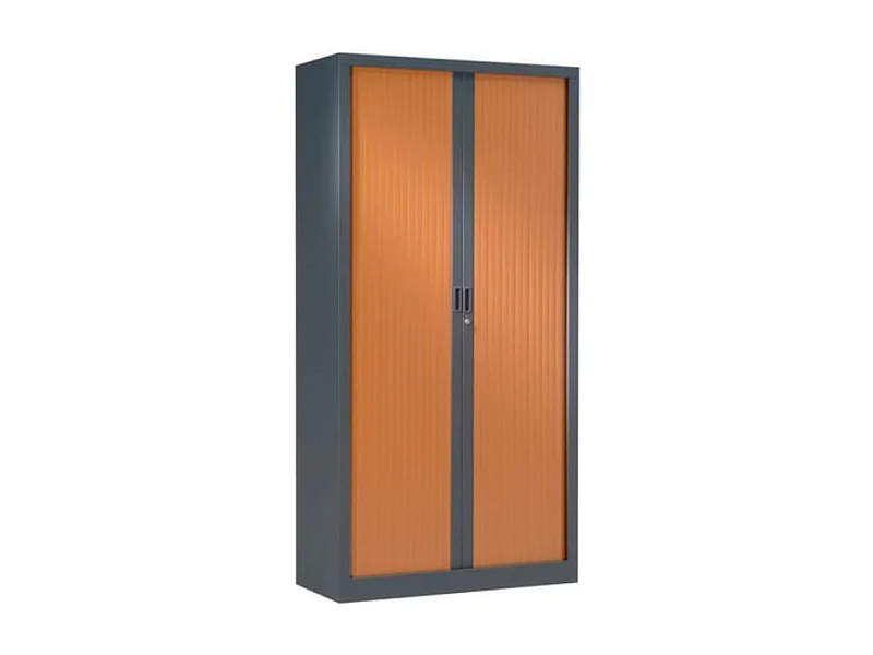 Armoire de bureau à rideaux anthracite 2 portes coulissantes merisier Klass L90xH180xP43