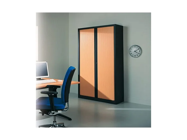 Armoire de bureau à rideaux anthracite 2 portes coulissantes merisier Klass L90xH180xP43