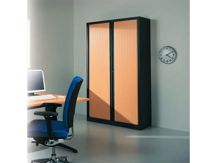 Armoire de bureau à rideaux anthracite 2 portes coulissantes merisier Klass L90xH180xP43