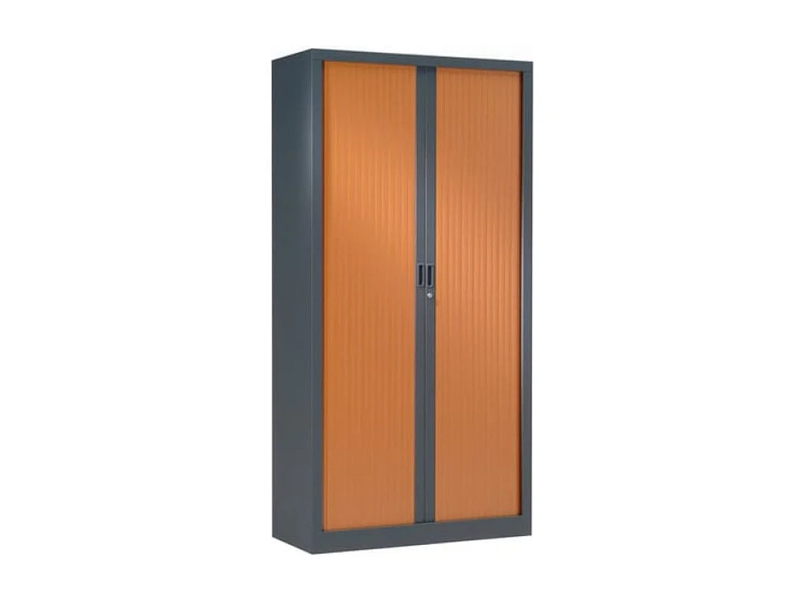 Armoire de bureau à rideaux anthracite 2 portes coulissantes merisier Klass L90xH180xP43