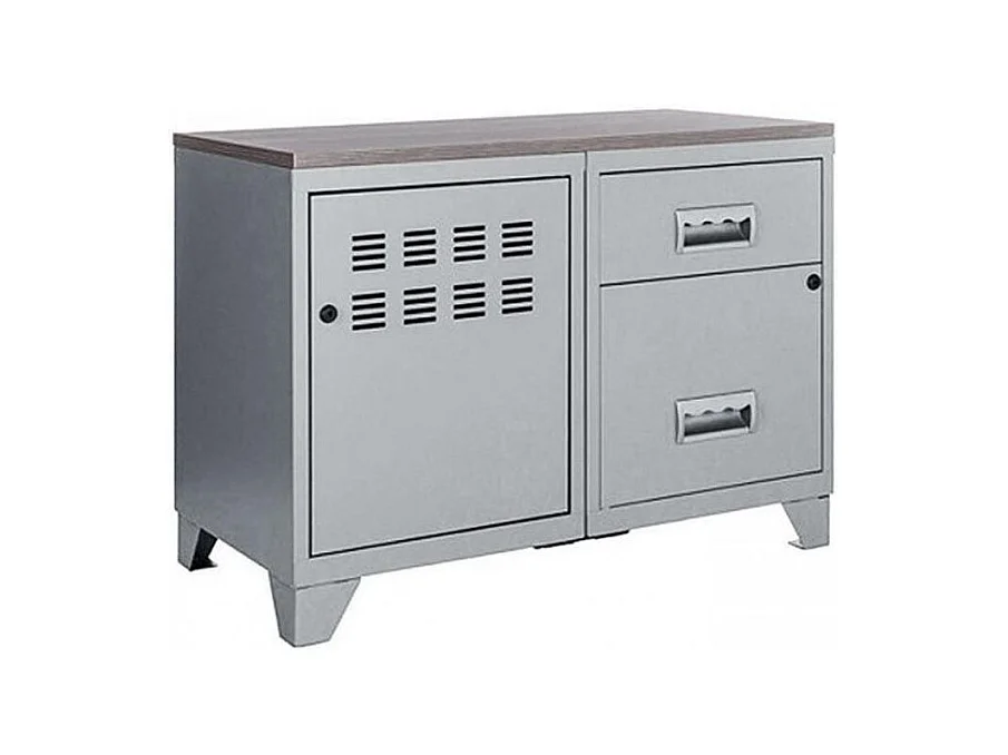 Meuble 1 porte 2 tiroirs métal gris aluminium et plateau chêne naturel Naya L80xH60xP40
