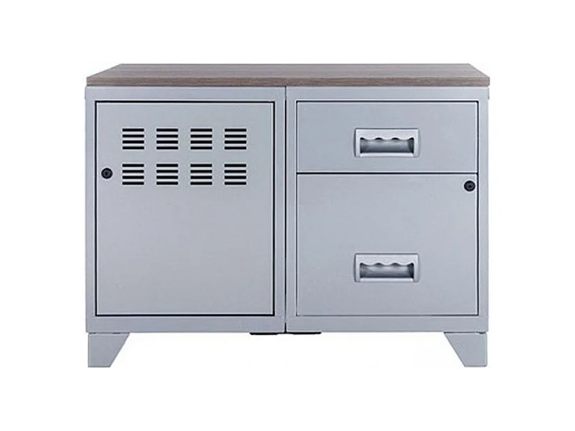 Meuble 1 porte 2 tiroirs métal gris aluminium et plateau chêne naturel Naya L80xH60xP40