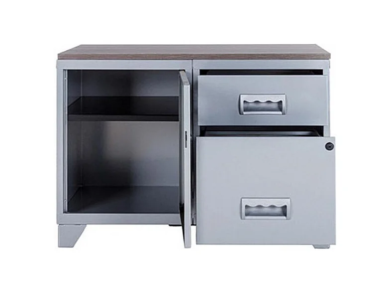 Meuble 1 porte 2 tiroirs métal gris aluminium et plateau chêne naturel Naya L80xH60xP40