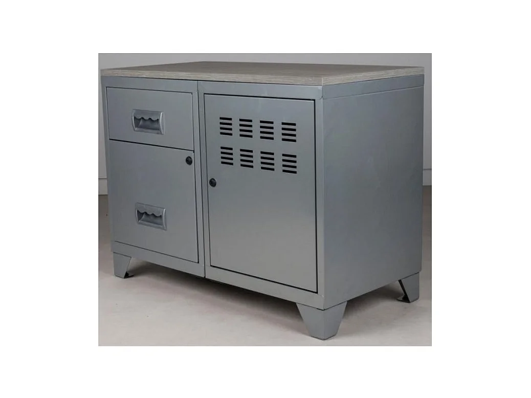 Meuble 1 porte 2 tiroirs métal gris aluminium et plateau chêne naturel Naya L80xH60xP40