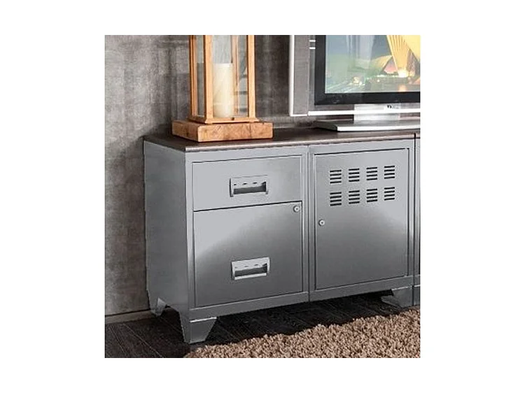 Meuble 1 porte 2 tiroirs métal gris aluminium et plateau chêne naturel Naya L80xH60xP40
