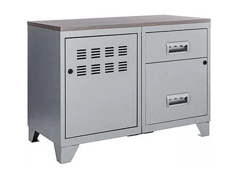 Meuble 1 porte 2 tiroirs métal gris aluminium et plateau chêne naturel Naya L80xH60xP40
