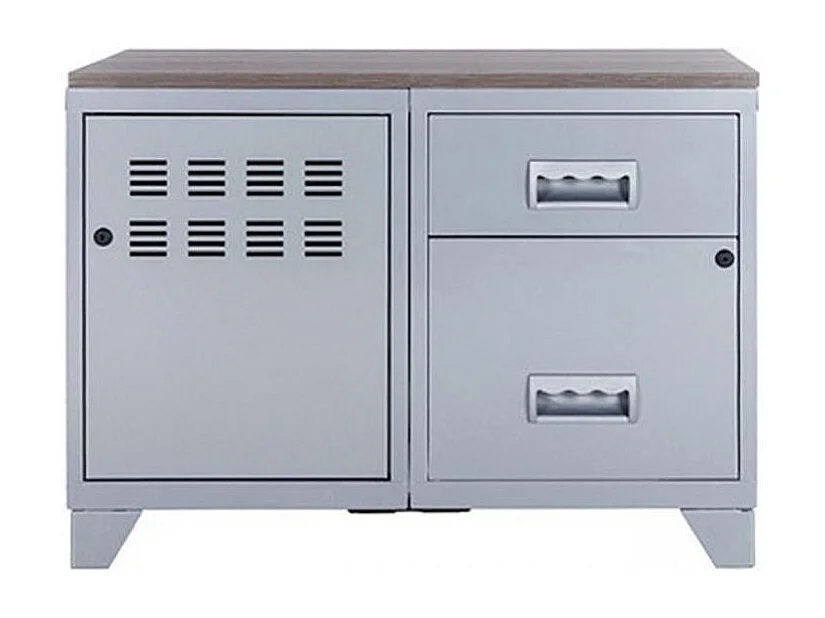 Meuble 1 porte 2 tiroirs métal gris aluminium et plateau chêne naturel Naya L80xH60xP40