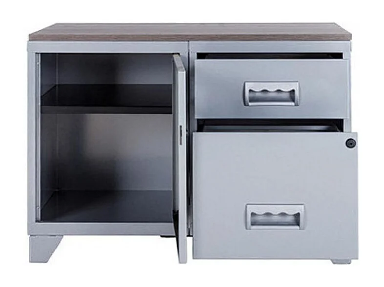 Meuble 1 porte 2 tiroirs métal gris aluminium et plateau chêne naturel Naya L80xH60xP40
