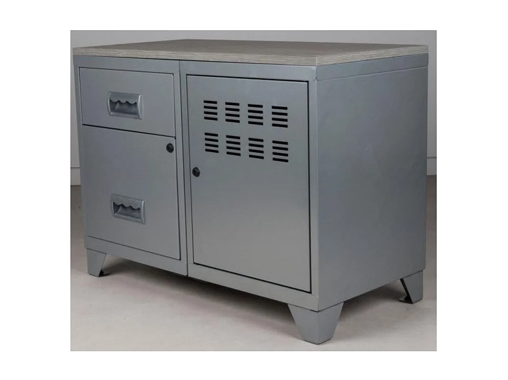 Meuble 1 porte 2 tiroirs métal gris aluminium et plateau chêne naturel Naya L80xH60xP40