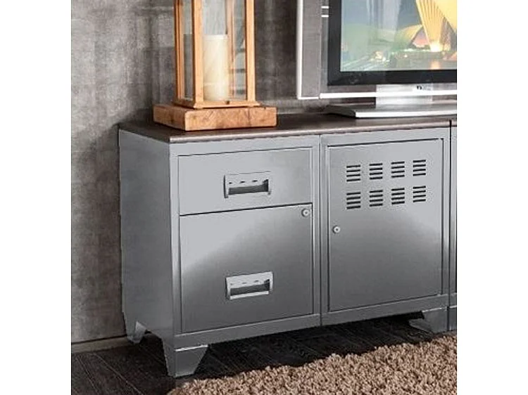 Meuble 1 porte 2 tiroirs métal gris aluminium et plateau chêne naturel Naya L80xH60xP40