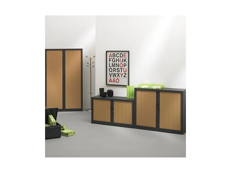 Armoire de bureau à rideaux anthracite 2 portes coulissantes hêtre Klass L90xH100xP45