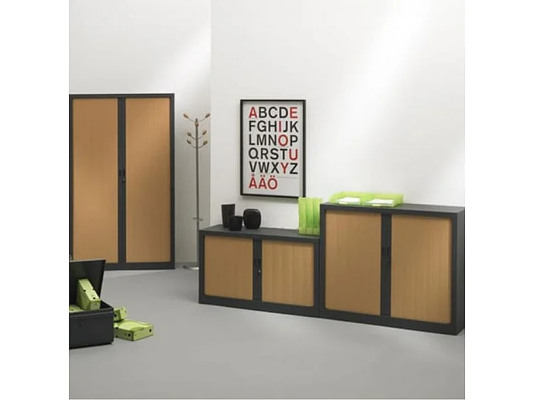 Armoire de bureau à rideaux anthracite 2 portes coulissantes hêtre Klass L90xH100xP45