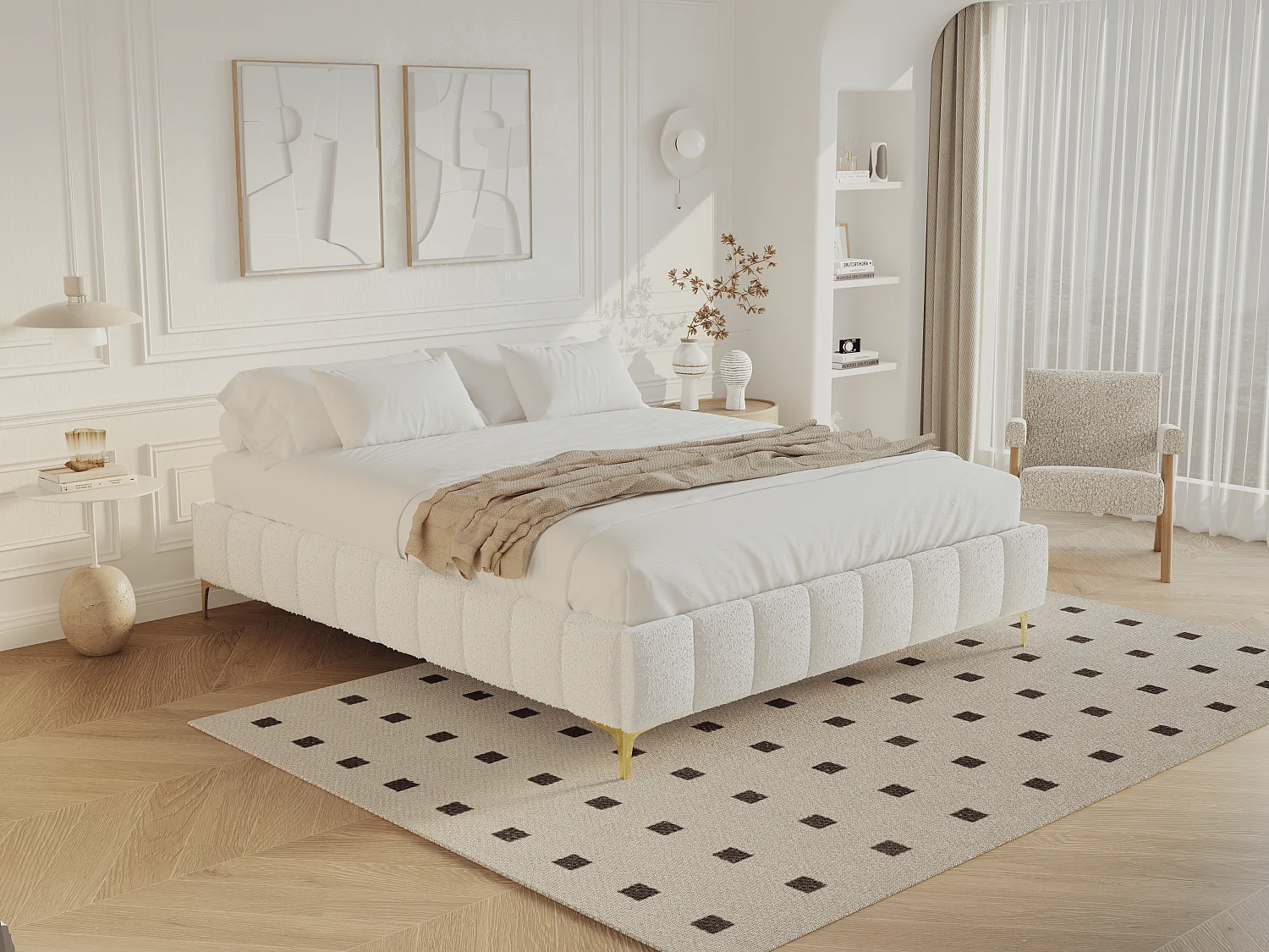 Sommier déco tapissier 160 x 200 cm tissu bouclette et pieds dorés  - SHEN de YSMÉE