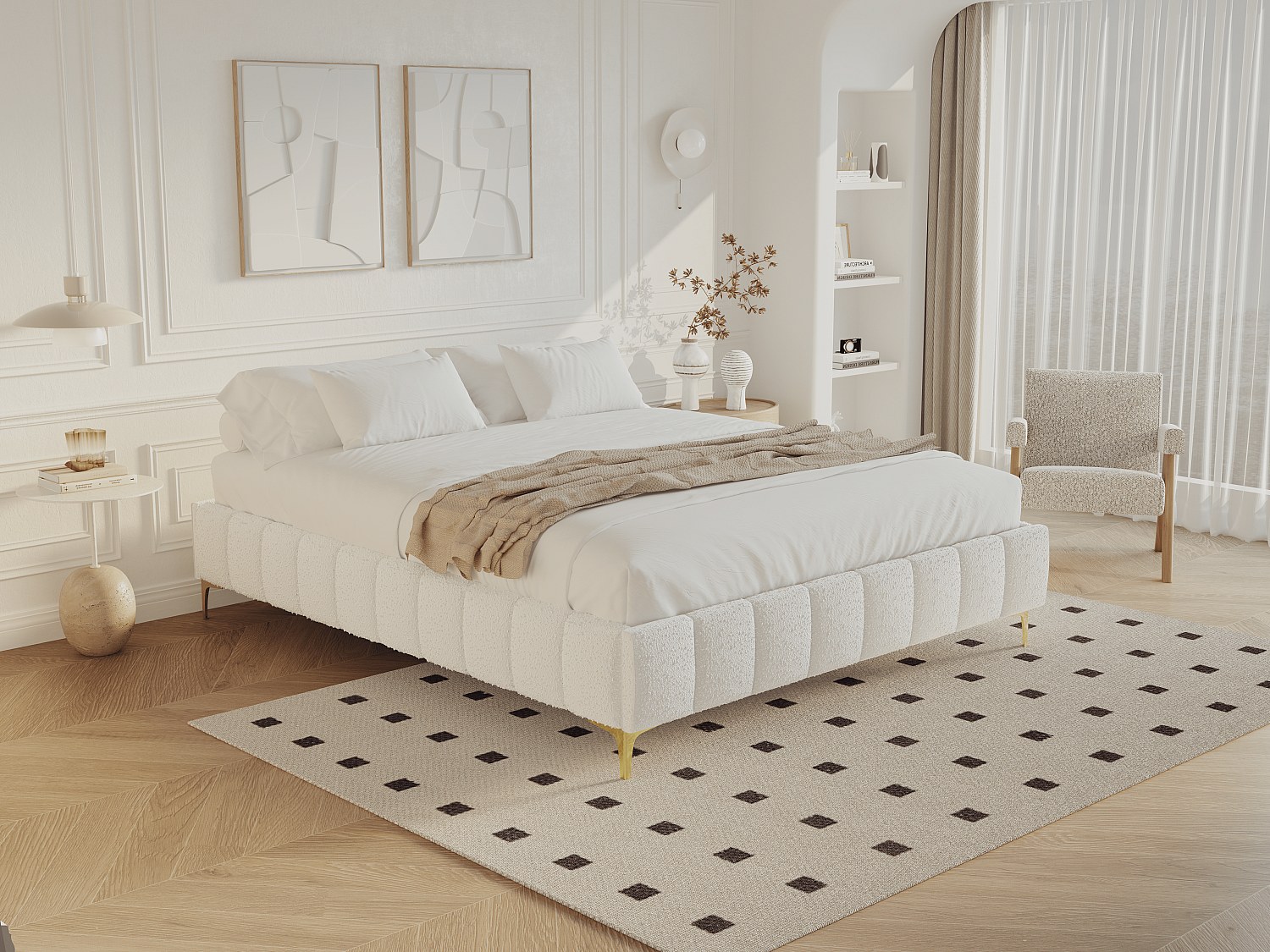 Deko-Polster-Bettgestell - 160 x 200 cm - Bouclé-Stoff & goldfarbene Füßen günstig online kaufen