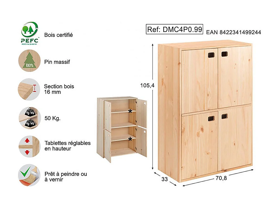 Armario de pino de 4 puertas Dinamic