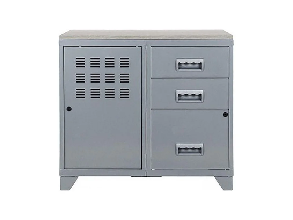 Meuble 1 porte 3 tiroirs métal gris alu et plateau chêne naturel Naya L80xH75xP40 - 25 kg