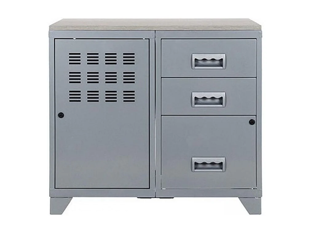 Meuble 1 porte 3 tiroirs métal gris alu et plateau chêne naturel Naya L80xH75xP40 - 25 kg