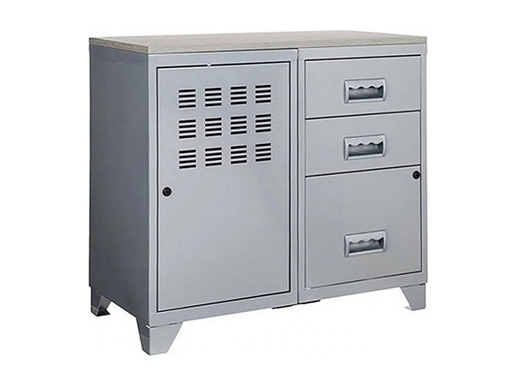 Meuble 1 porte 3 tiroirs métal gris alu et plateau chêne naturel Naya L80xH75xP40 - 25 kg