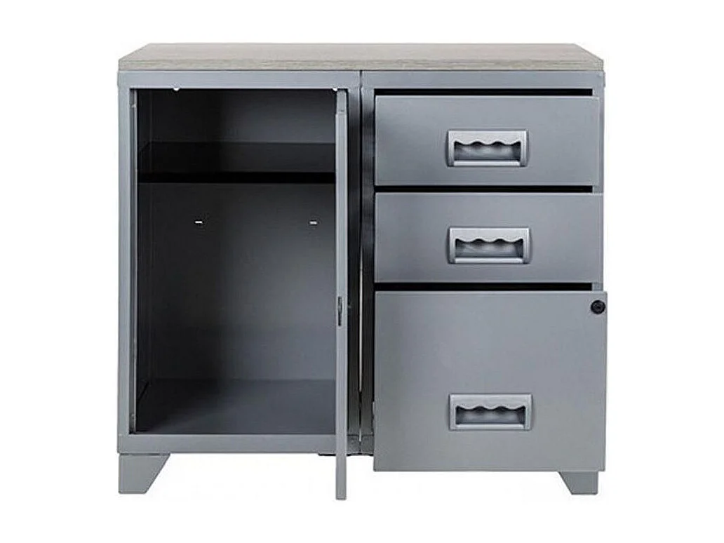 Meuble 1 porte 3 tiroirs métal gris alu et plateau chêne naturel Naya L80xH75xP40 - 25 kg