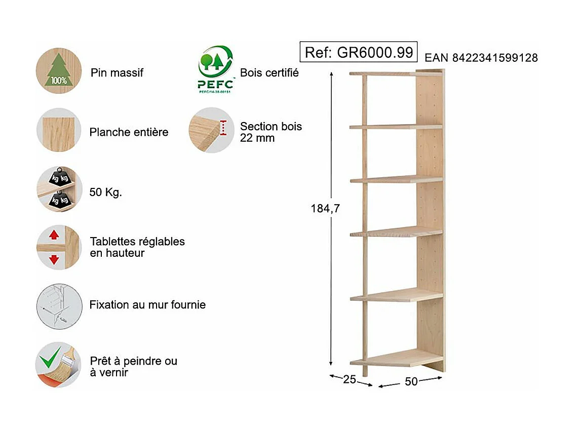 Etagère d'angle en pin brut Gala 6 tablettes